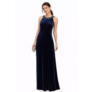 Vintage 90s Alex Evenings Navy Velvet Beaded Gown Sleeveless Size 4 Formal Prom